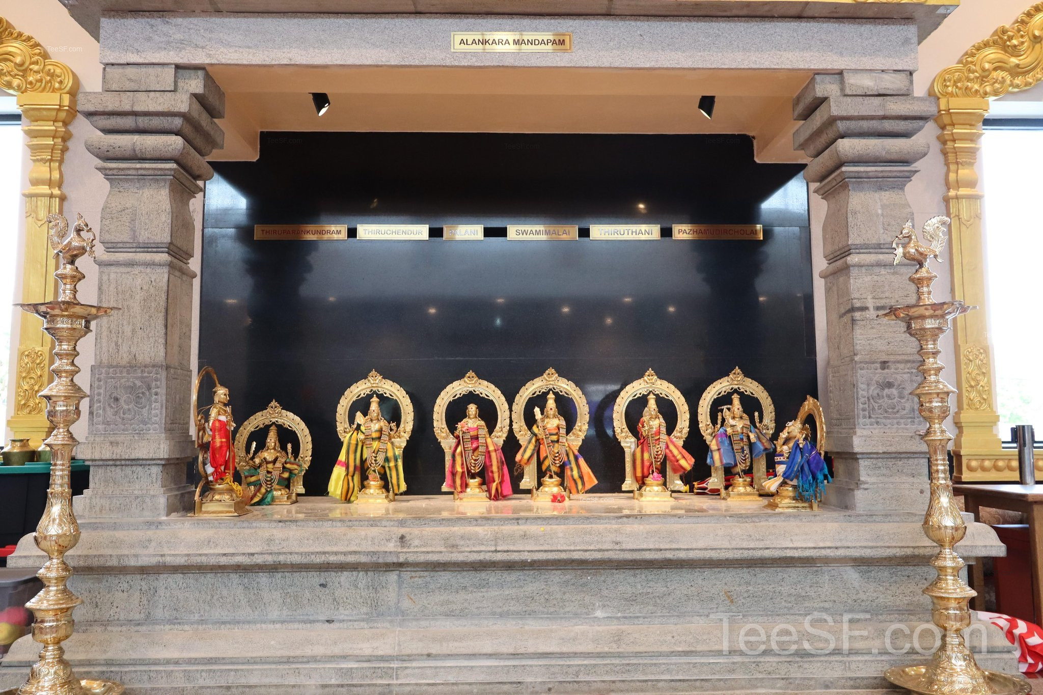A front view of the main shrine area inside Shiva Murugan Temple in Concord.